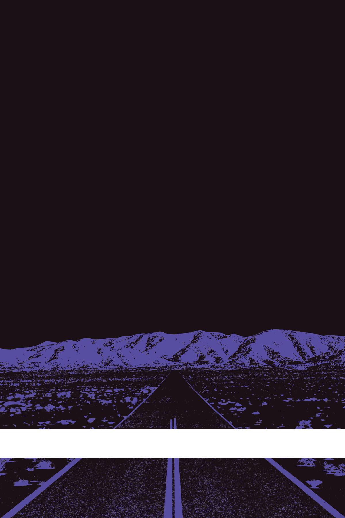 A view of Mercury Valley, Nevada, facing toward the northwest. The composition is rendered in black and purple. A prominent white line stretches across the composition near the bottom of the view.