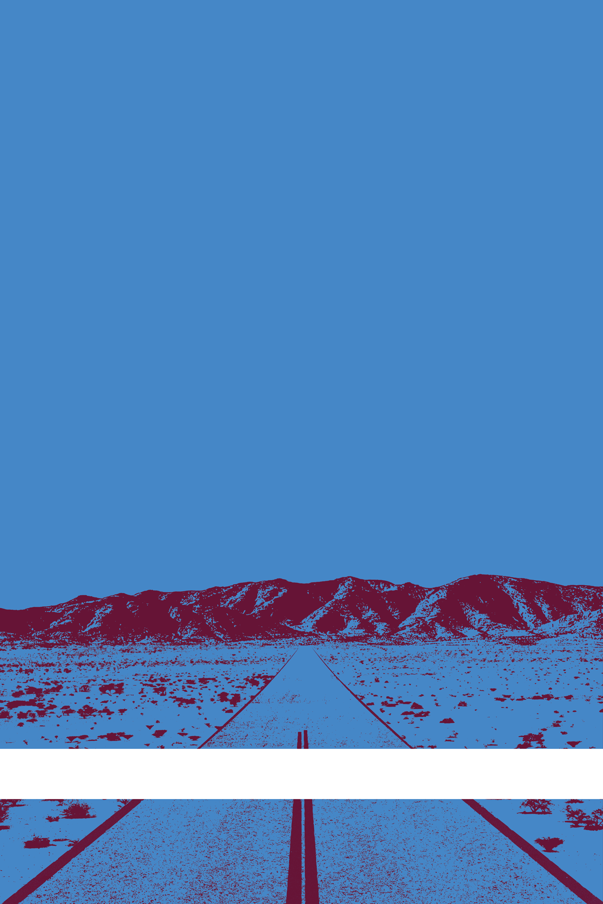 A view of Mercury Valley, Nevada, facing toward the northwest. The composition is rendered in blue and dark red. A prominent white line stretches across the composition near the bottom of the view.