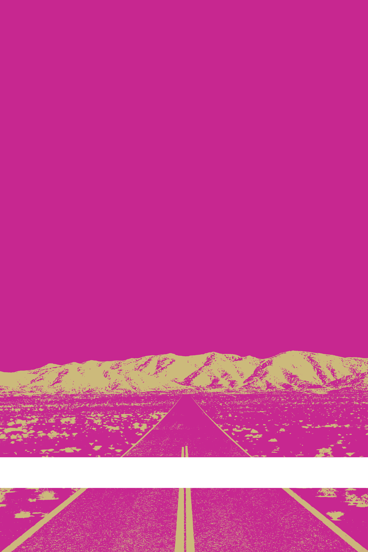 A view of Mercury Valley, Nevada, facing toward the northwest. The composition is rendered in pink and dark yellow. A prominent white line stretches across the composition near the bottom of the view.