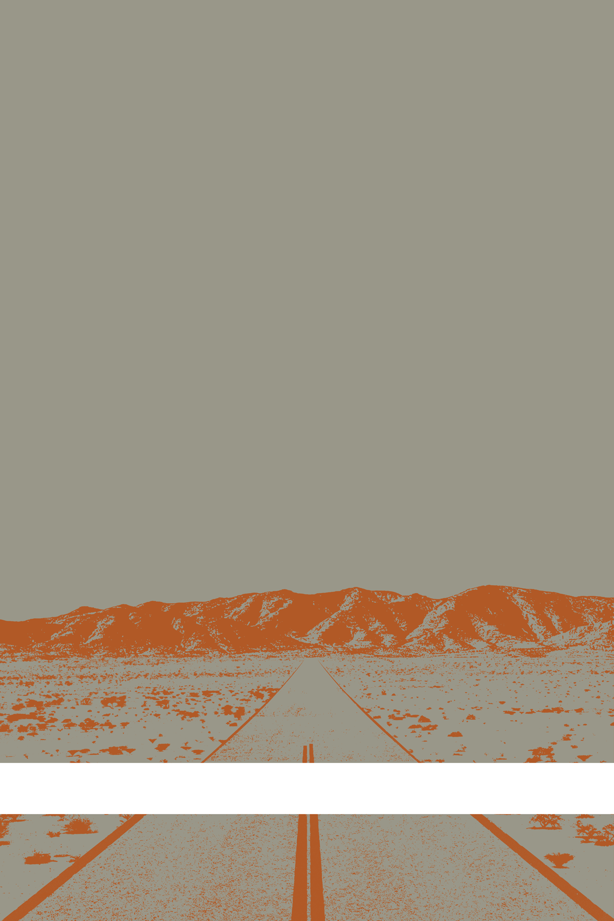 A view of Mercury Valley, Nevada, facing toward the northwest. The composition is rendered in gray and orange. A prominent white line stretches across the composition near the bottom of the view.