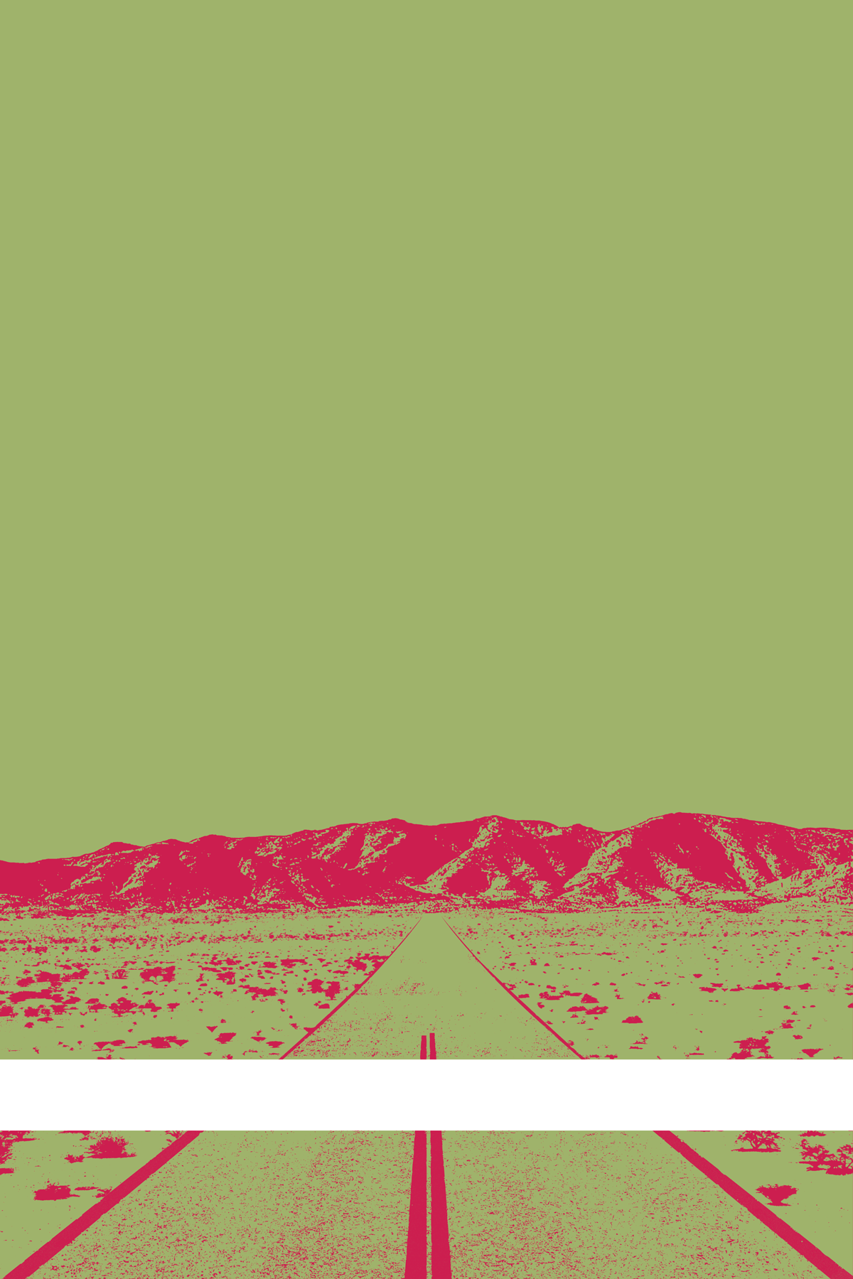 A view of Mercury Valley, Nevada, facing toward the northwest. The composition is rendered in light yellow-green and pink. A prominent white line stretches across the composition near the bottom of the view.