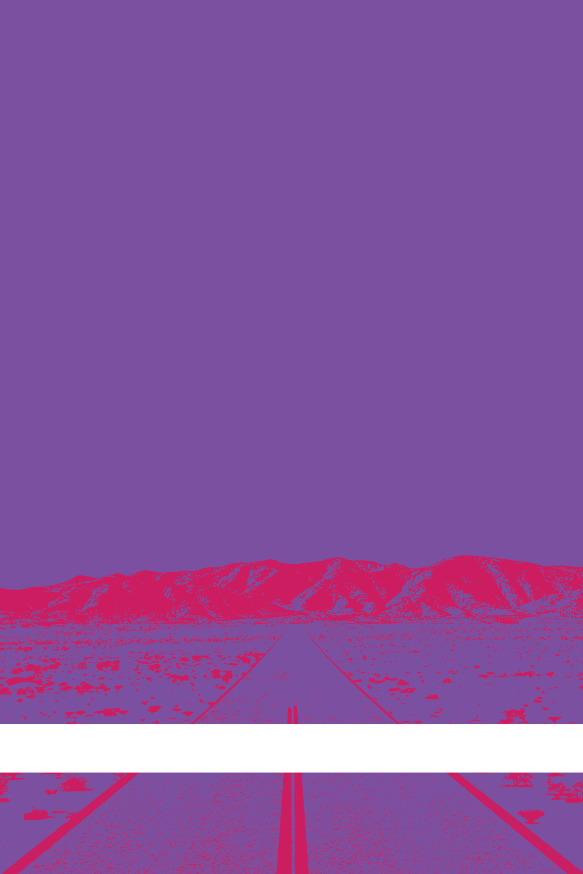 A view of Mercury Valley, Nevada, facing toward the northwest. The composition is rendered in purple and red. A prominent white line stretches across the composition near the bottom of the view.