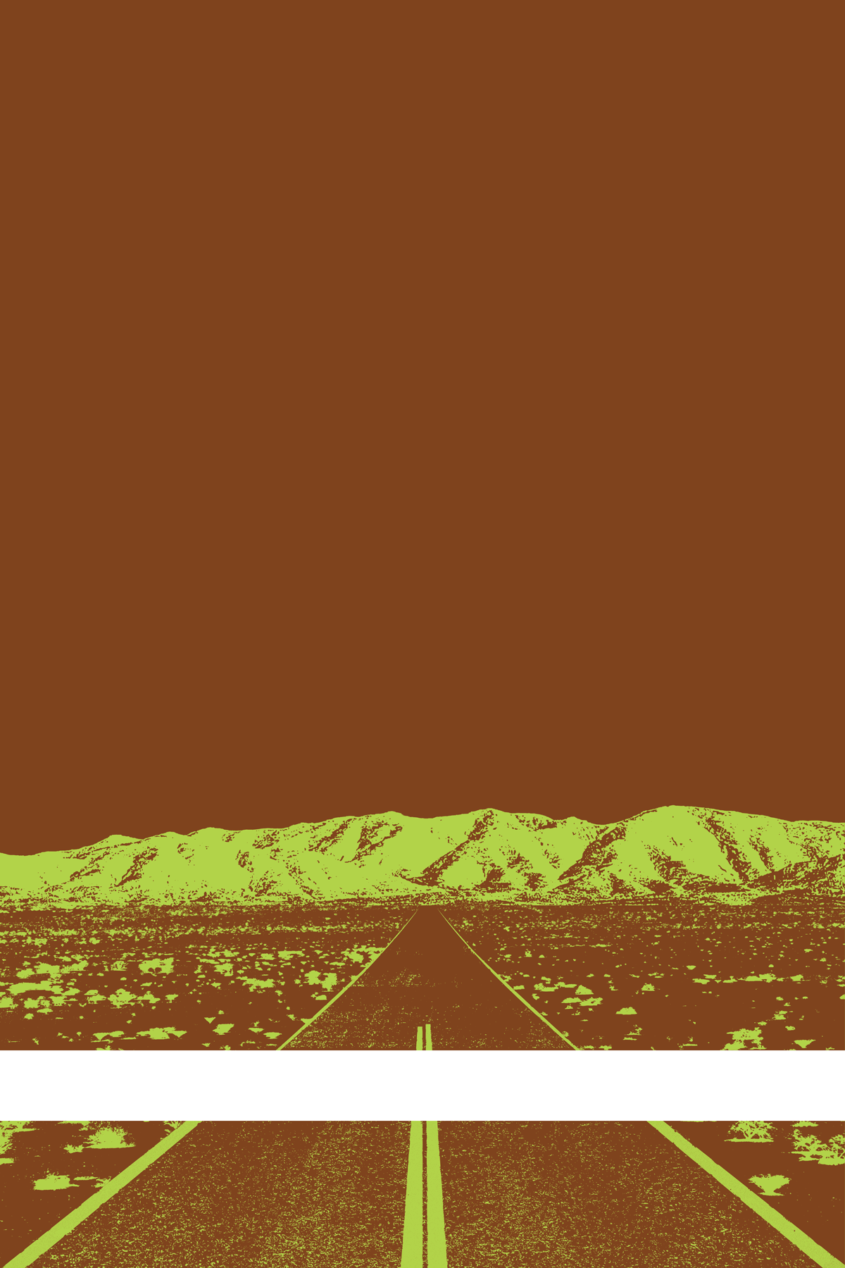 A view of Mercury Valley, Nevada, facing toward the northwest. The composition is rendered in brown and light green. A prominent white line stretches across the composition near the bottom of the view.