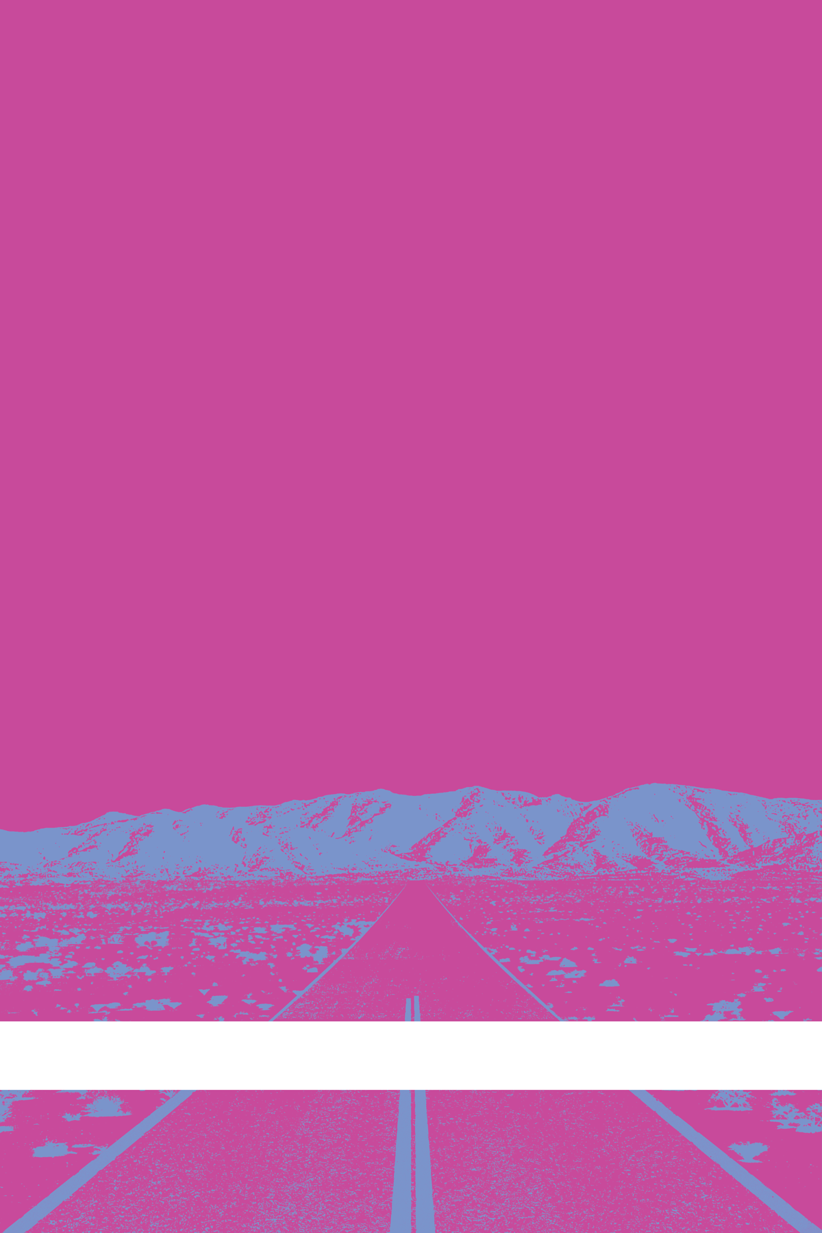 A view of Mercury Valley, Nevada, facing toward the northwest. The composition is rendered in pink and light blue. A prominent white line stretches across the composition near the bottom of the view.