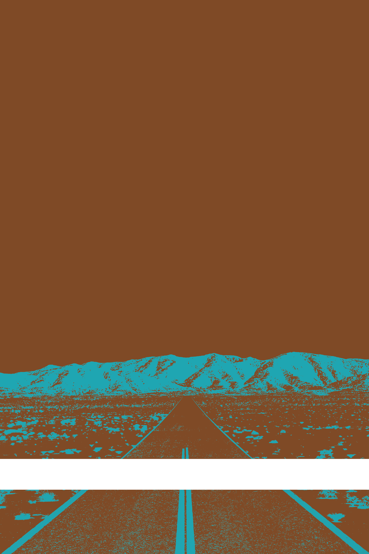 A view of Mercury Valley, Nevada, facing toward the northwest. The composition is rendered in brown and light blue. A prominent white line stretches across the composition near the bottom of the view.