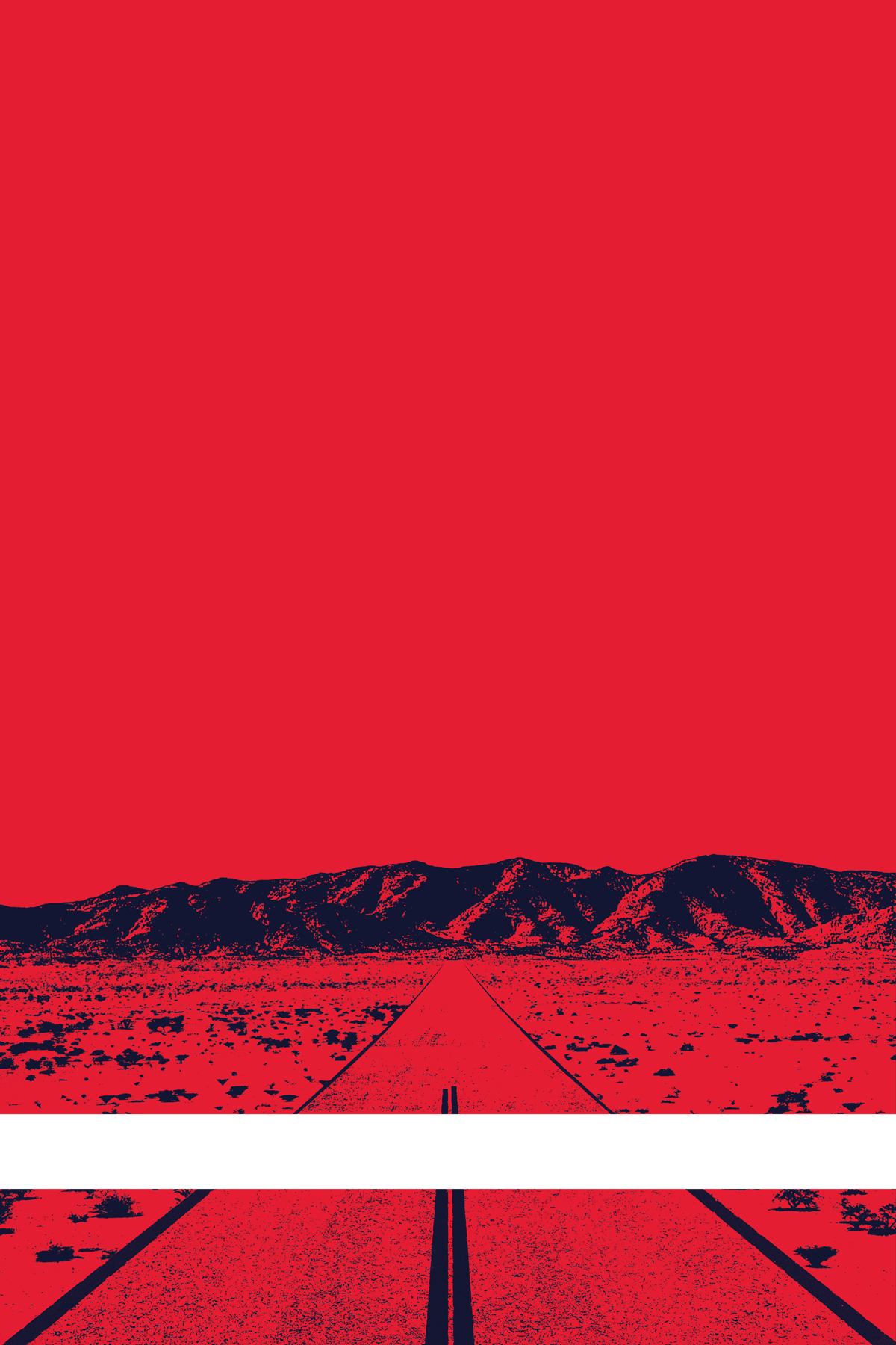 A view of Mercury Valley, Nevada, facing toward the northwest. The composition is rendered in red and dark blue. A prominent white line stretches across the composition near the bottom of the view.