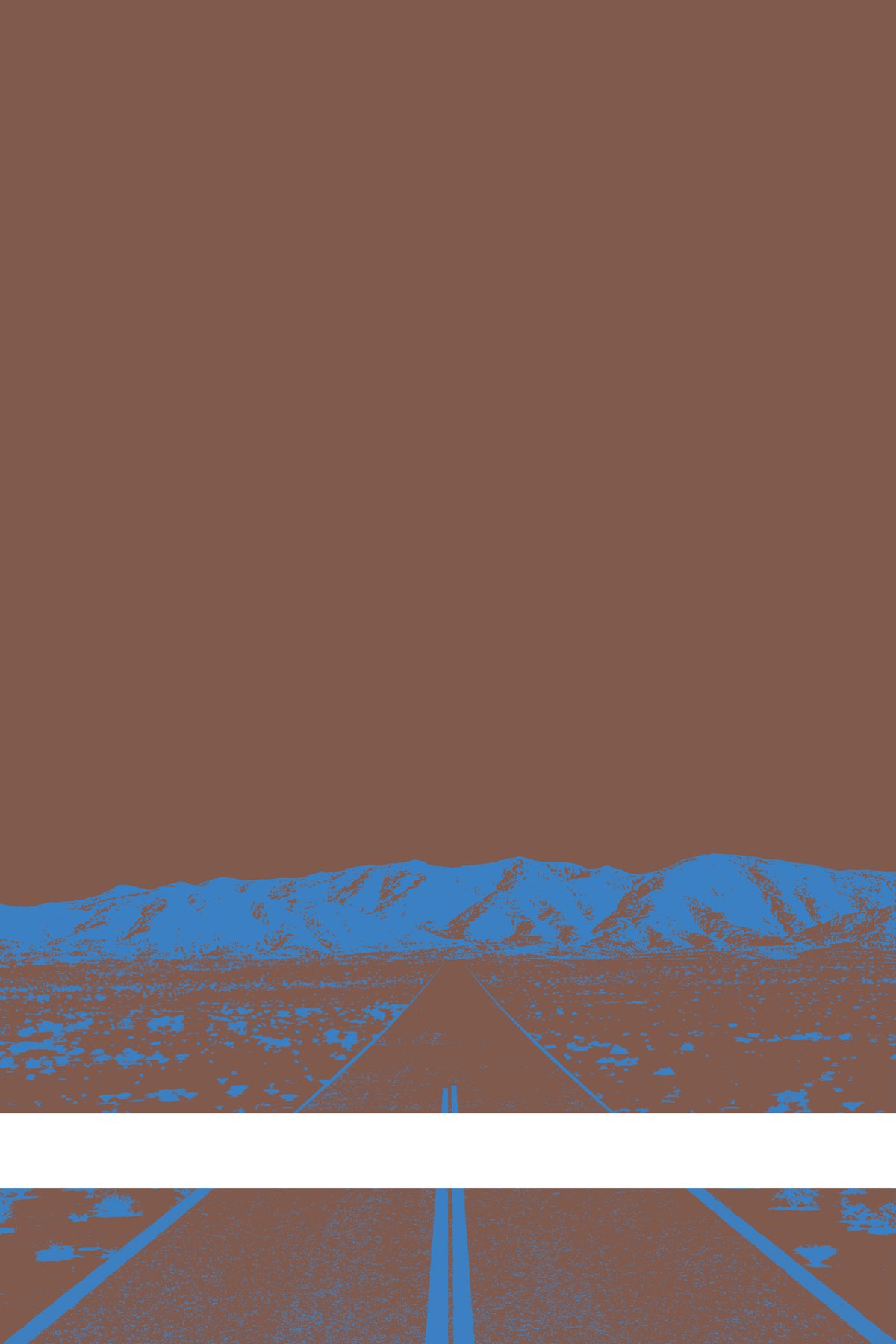 A view of Mercury Valley, Nevada, facing toward the northwest. The composition is rendered in brown and blue. A prominent white line stretches across the composition near the bottom of the view.