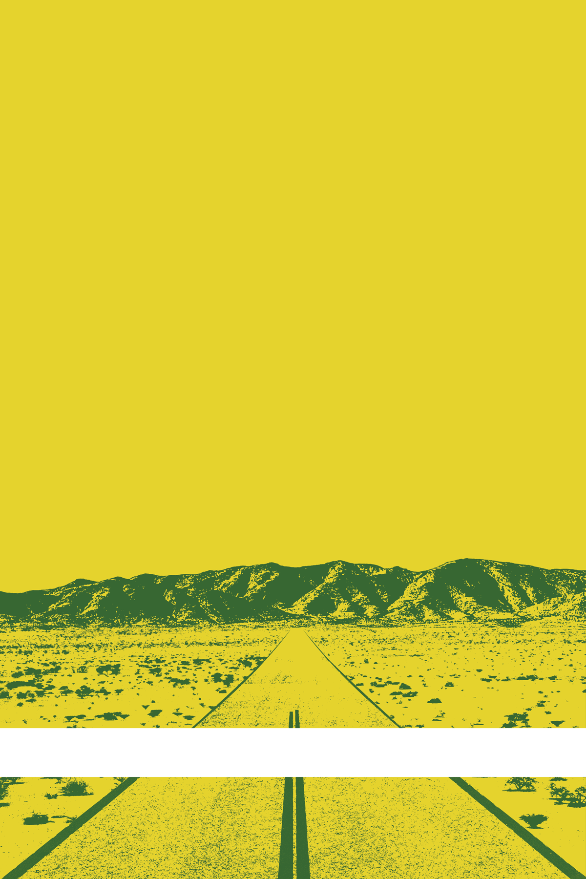 A view of Mercury Valley, Nevada, facing toward the northwest. The composition is rendered in yellow and dark green. A prominent white line stretches across the composition near the bottom of the view.