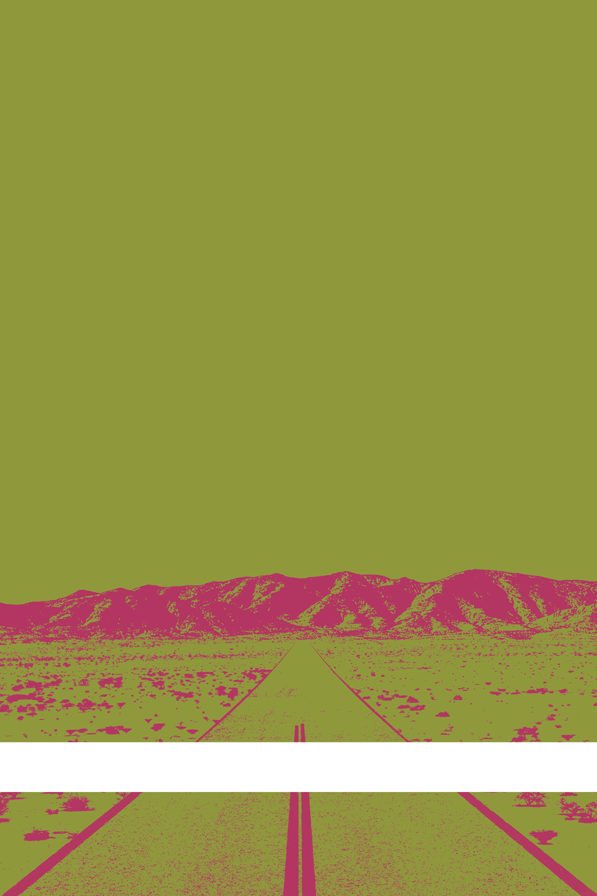 A view of Mercury Valley, Nevada, facing toward the northwest. The composition is rendered in light yellow-green and pink. A prominent white line stretches across the composition near the bottom of the view.